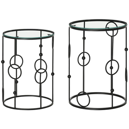 Set of 2 Nesting Coffee Table, Side Tables with Glass Top, Black