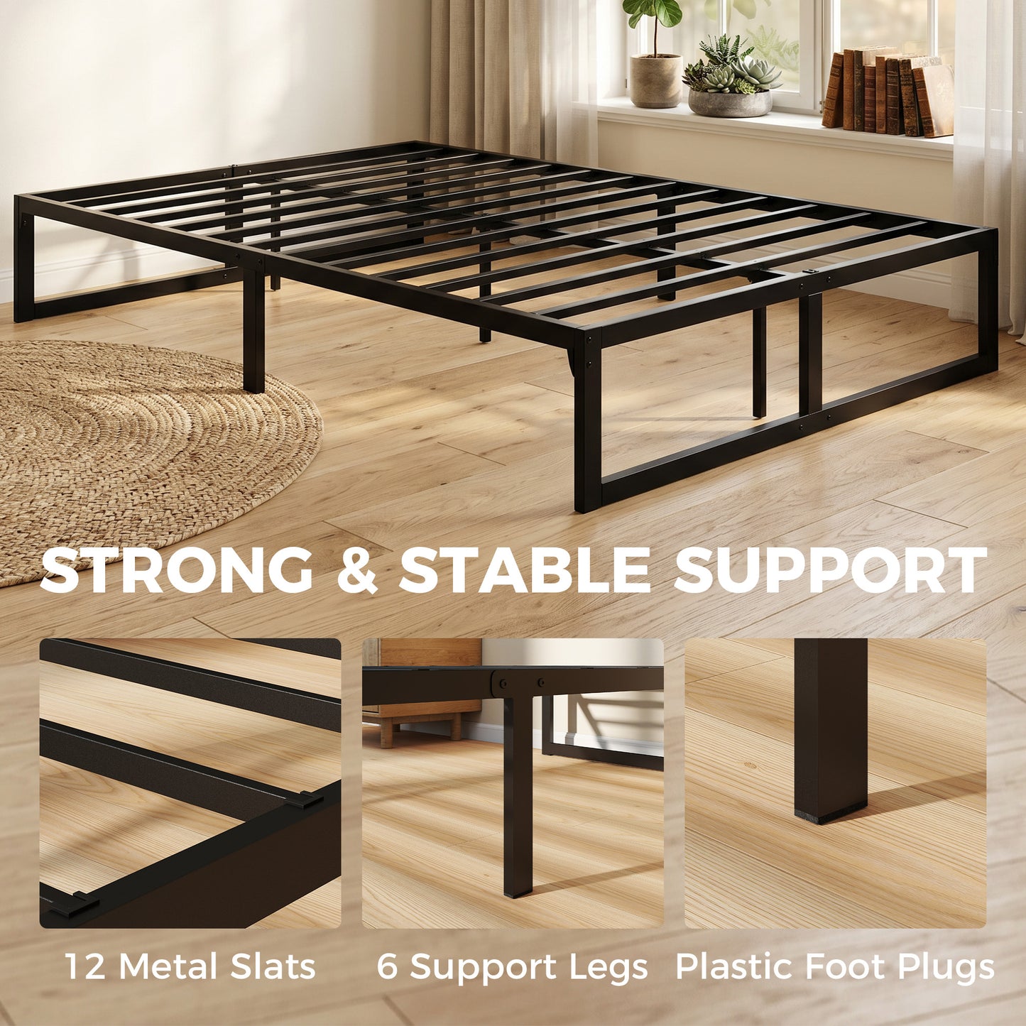 4ft6 Double Bed Frame with Underbed Storage, Noise-Free, Black