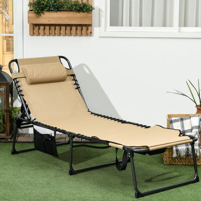 Folding Sun Lounger with 5-level Reclining Back, Outdoor Tanning Chair with Reading Hole, Side Pocket, Headrest