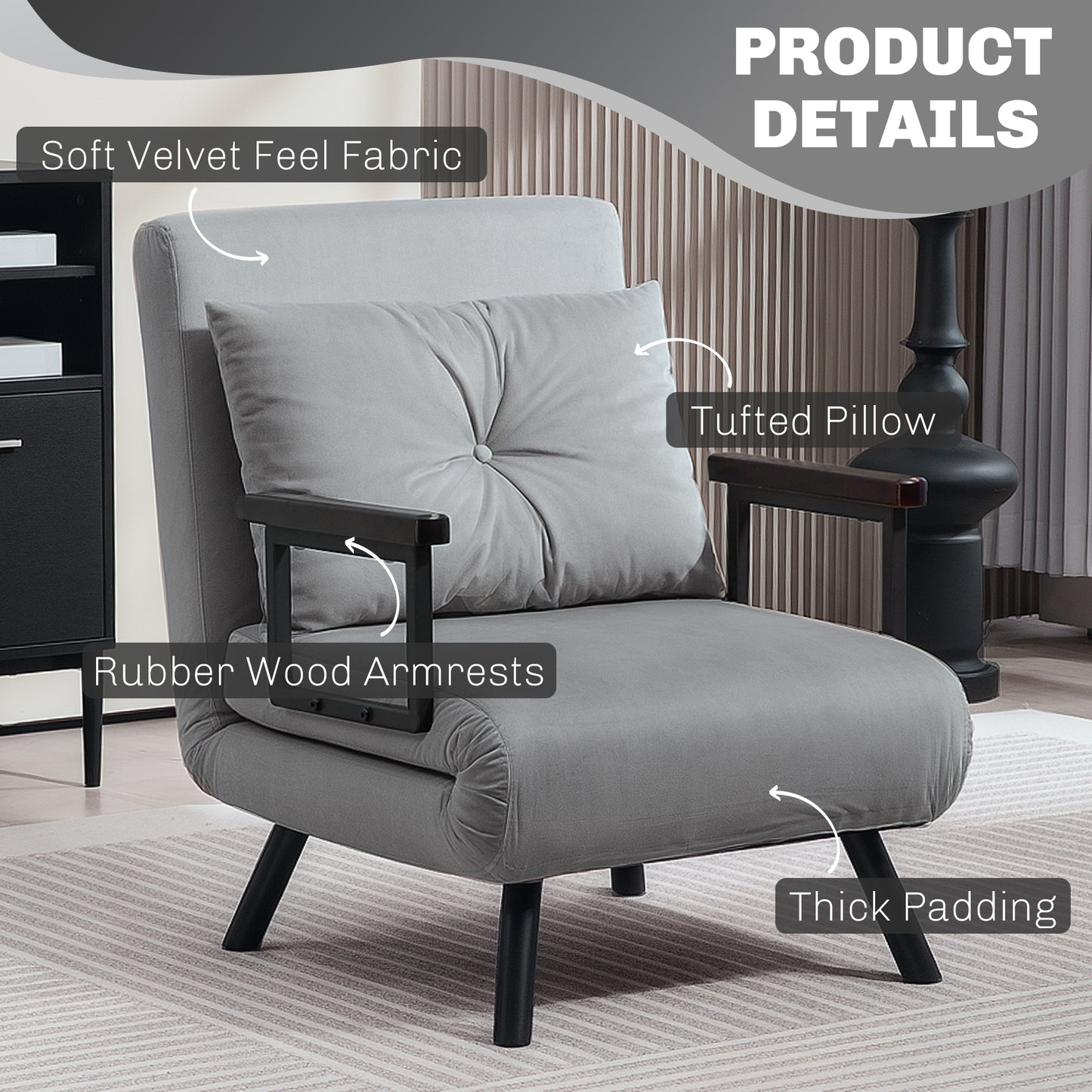 Click Clack Single Chair Bed Settee for Living Room, Light Grey