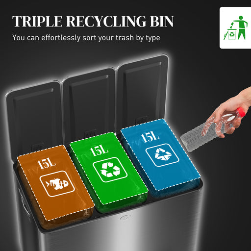 3 x 15L Triple Kitchen Bin Pedal Bin for Recycling and Waste, Black