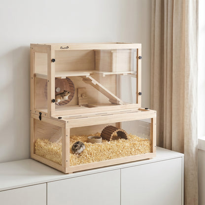 Wooden Hamster Cage, Large Gerbil Cage with Hut, Wheel, Ramps, 3 Tier Small Animal Habitat with Removable Viewing Panels, 80 x 50 x 84 cm, Natural