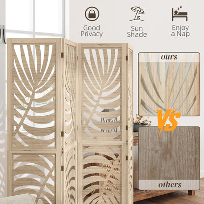 4 Panel Privacy Screens with Palm Leaf Design, Natural Wood Finish