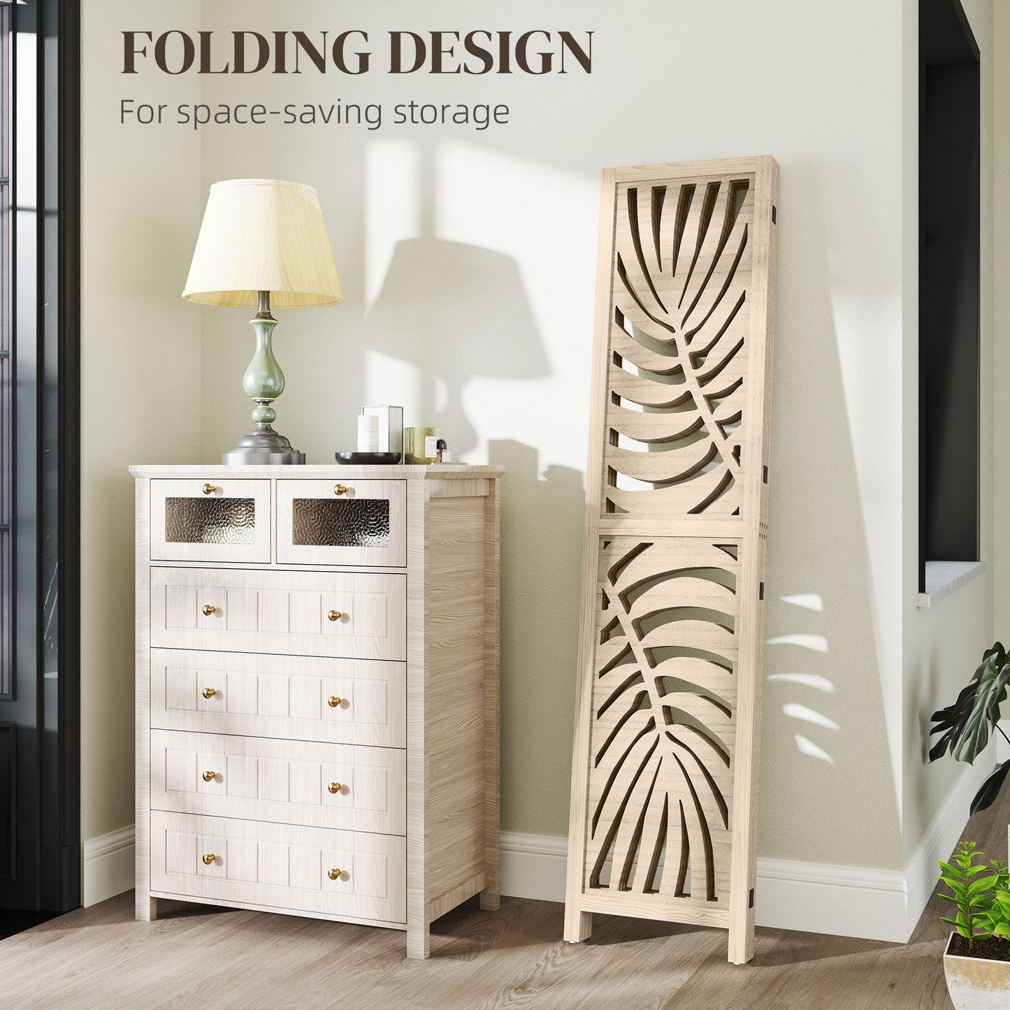 4 Panel Privacy Screens with Palm Leaf Design, Natural Wood Finish