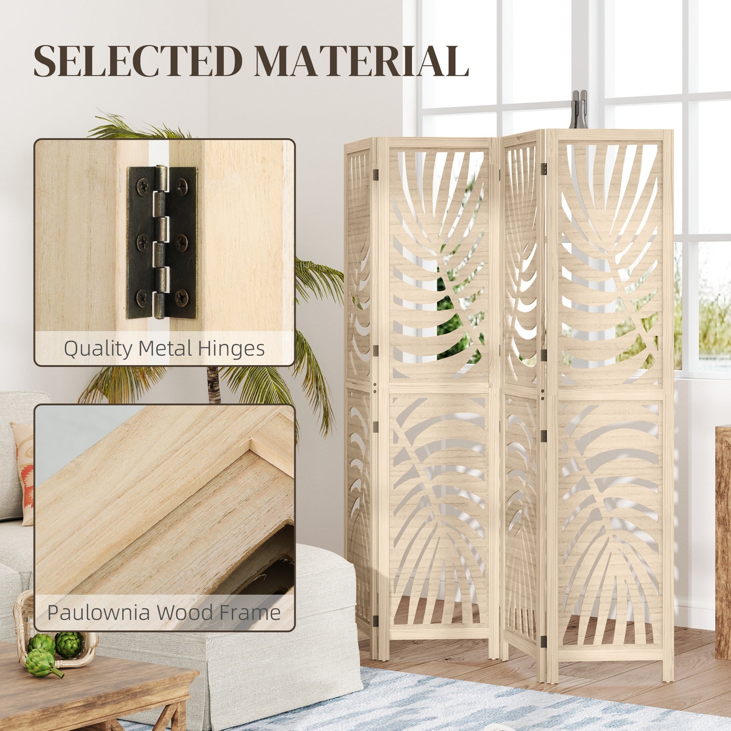 4 Panel Privacy Screens with Palm Leaf Design, Natural Wood Finish