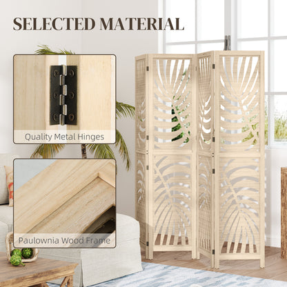 4 Panel Privacy Screens with Palm Leaf Design, Natural Wood Finish