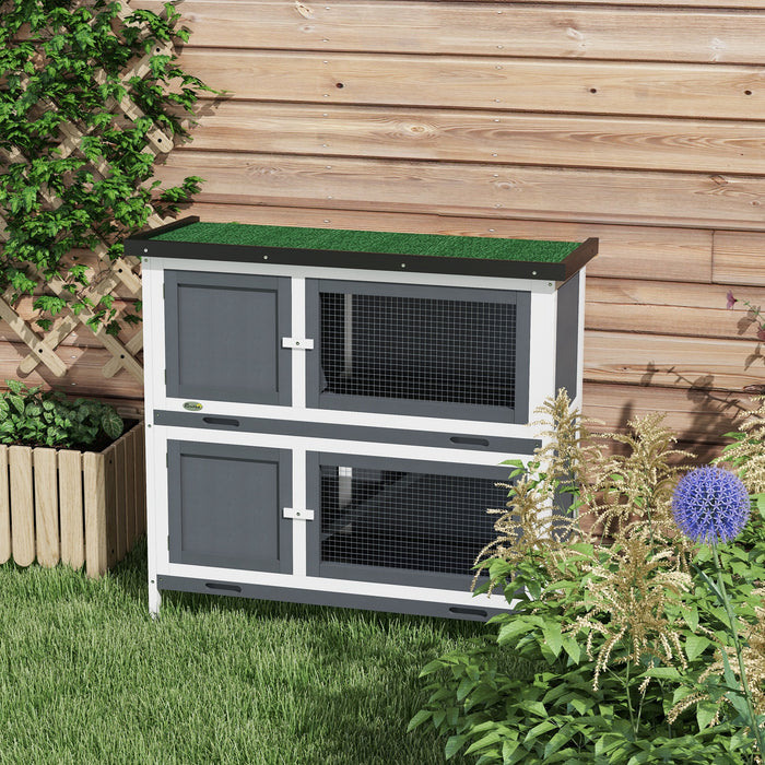 Double Decker Rabbit Hutch 2 Tier Guinea Pig House Pet Cage Outdoor with Sliding-out Tray, 100x47x91cm, Grey