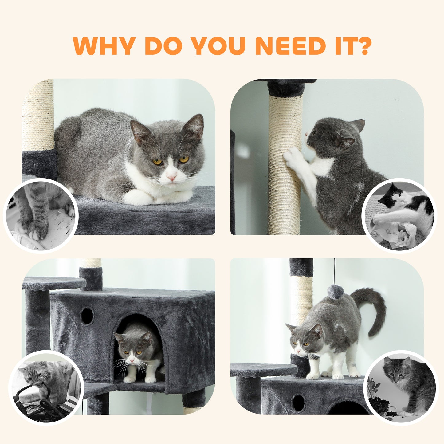 180cm Cat Tree Tower with Sisal Scratching Posts, Condos, Dark Grey