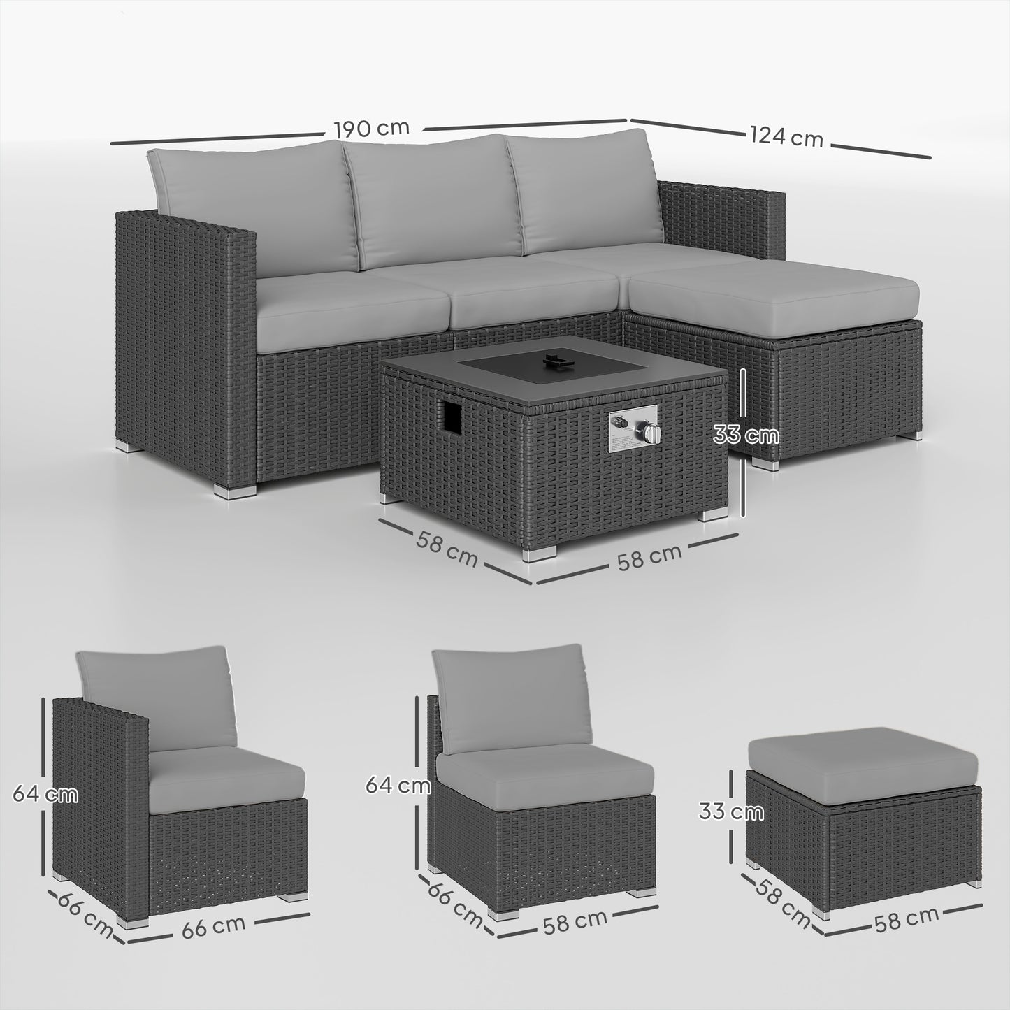 4 Seater Rattan Sofa Set with Footstool Thick Cushions Grey