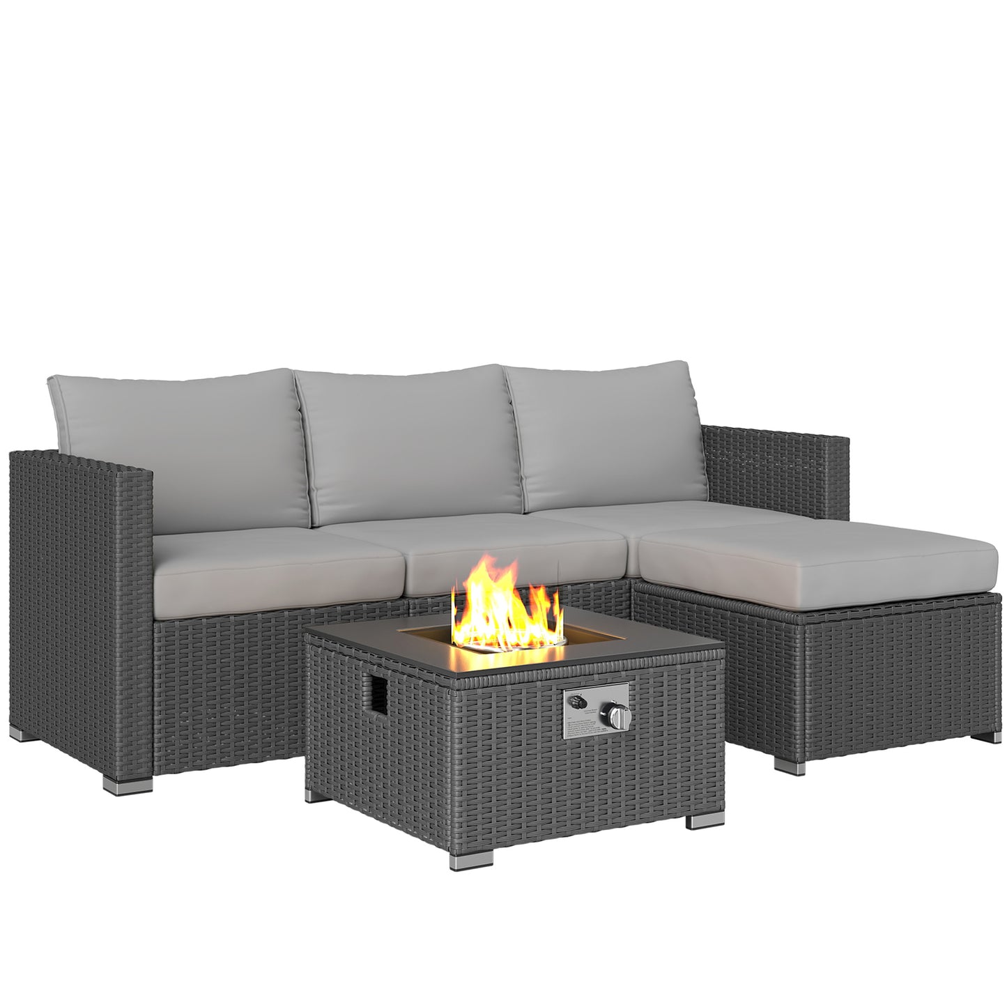 4 Seater Rattan Sofa Set with Footstool Thick Cushions Grey