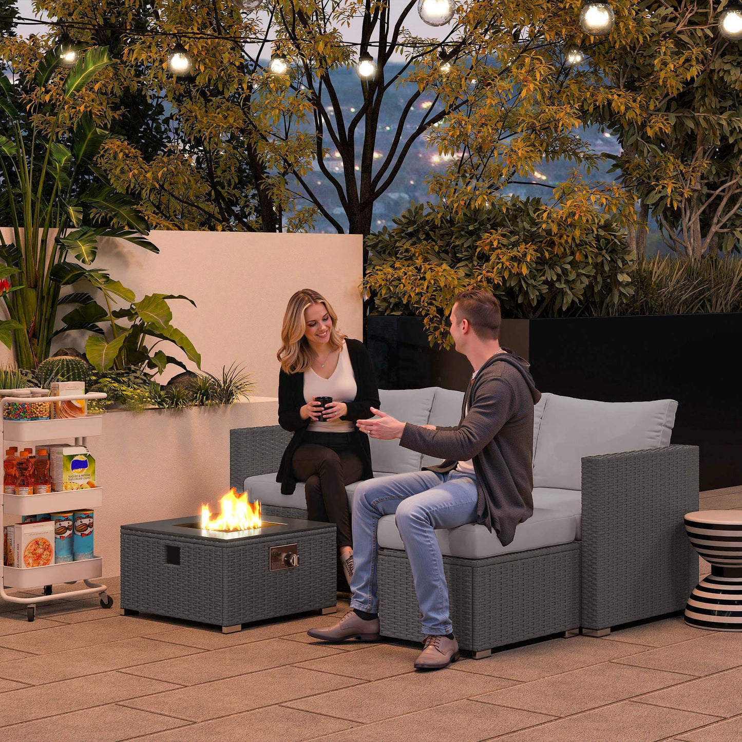 4 Seater Rattan Sofa Set with Footstool Thick Cushions Grey
