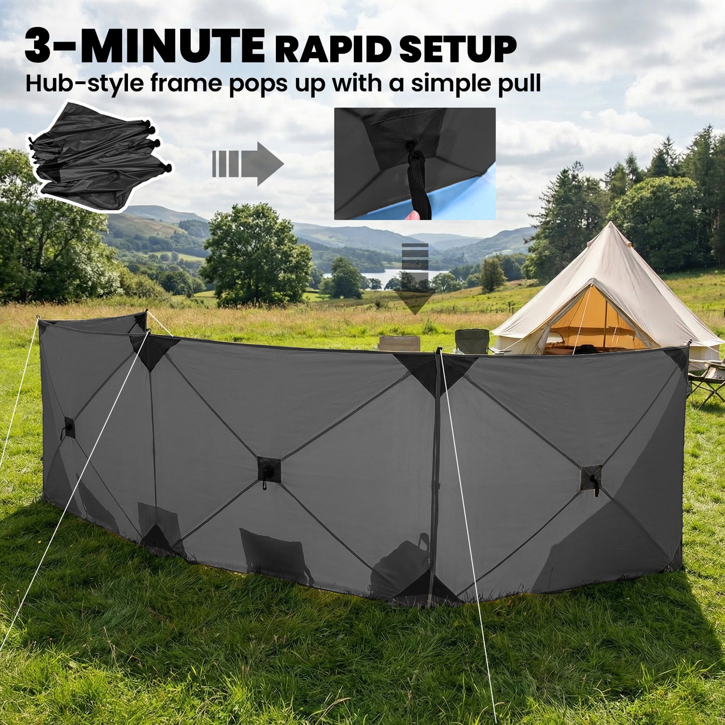 Camping Windbreak, Pop Up Hub Frame Windbreaker Blocker, Dark Grey