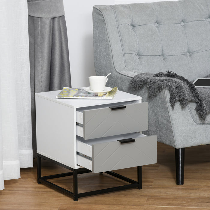 Bedside Cabinet with 2 Drawer Storage Unit, Unique Shape Bedroom Table Nightstand with Metal Base, for Living Room, Study Room, Dorm