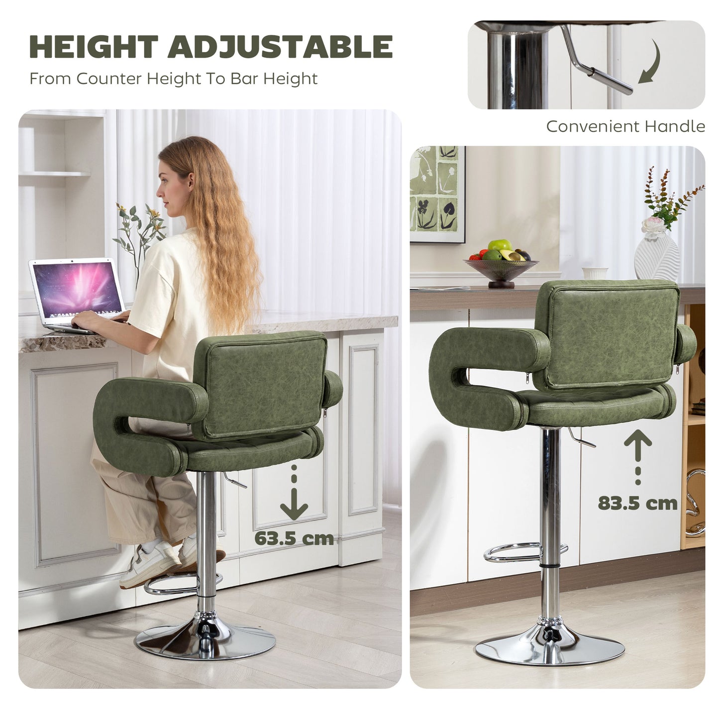 Adjustable Height Barstool Steel Pole PU Leather, Green