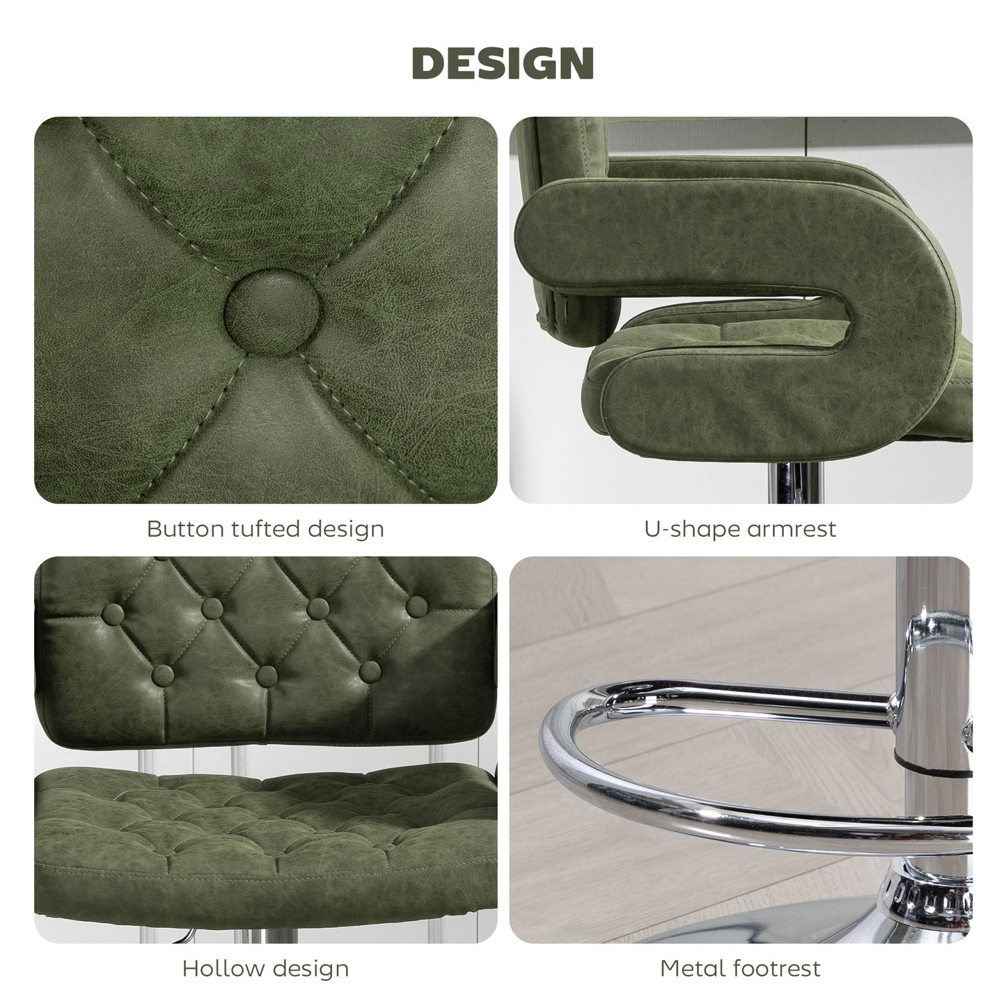 Adjustable Height Barstool Steel Pole PU Leather, Green