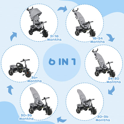 6 in 1 Kids Trike, Stroller with Parent Handle, Grey