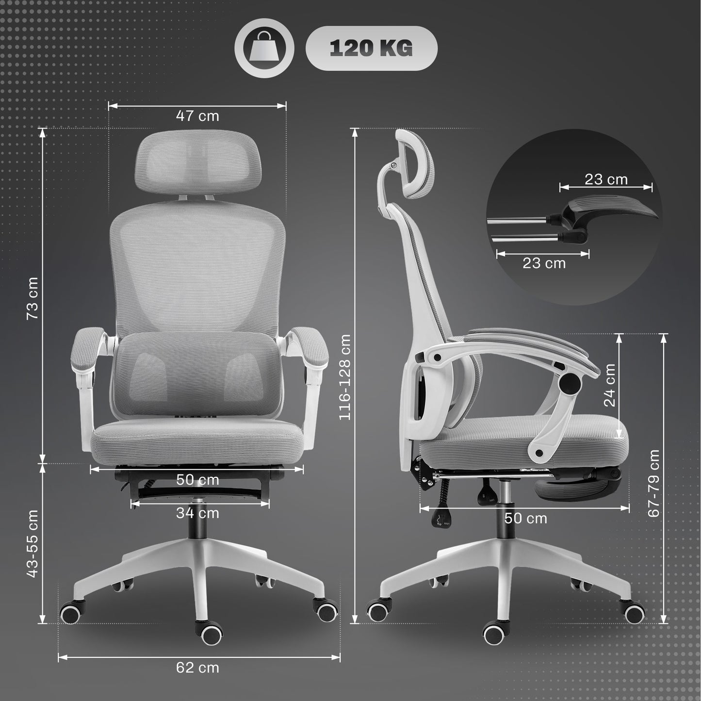Mesh Ergonomic Office Chair with Lumbar Support, Headrest, Grey