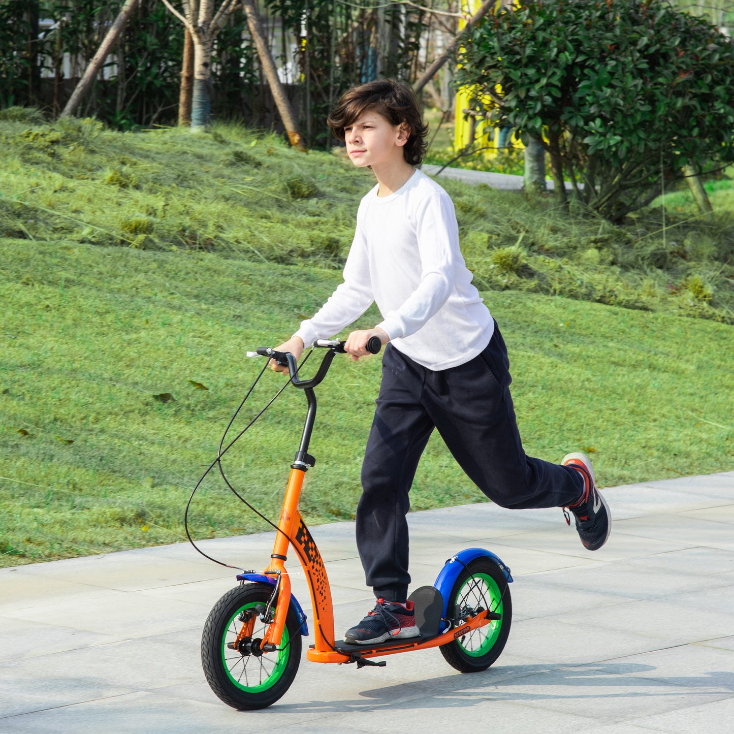 Kids Kick Scooter, Push Scooter, Adjustable Height, Front Rear Dual Brakes, 12-Inch Inflatable Rubber Wheels, for 5+ Years, Orange