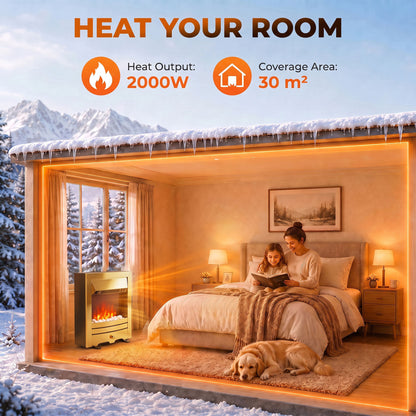 2000W Freestanding or Inset Electric Fire with Pebble Effect - Gold Tone