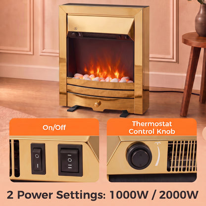 2000W Freestanding or Inset Electric Fire with Pebble Effect - Gold Tone