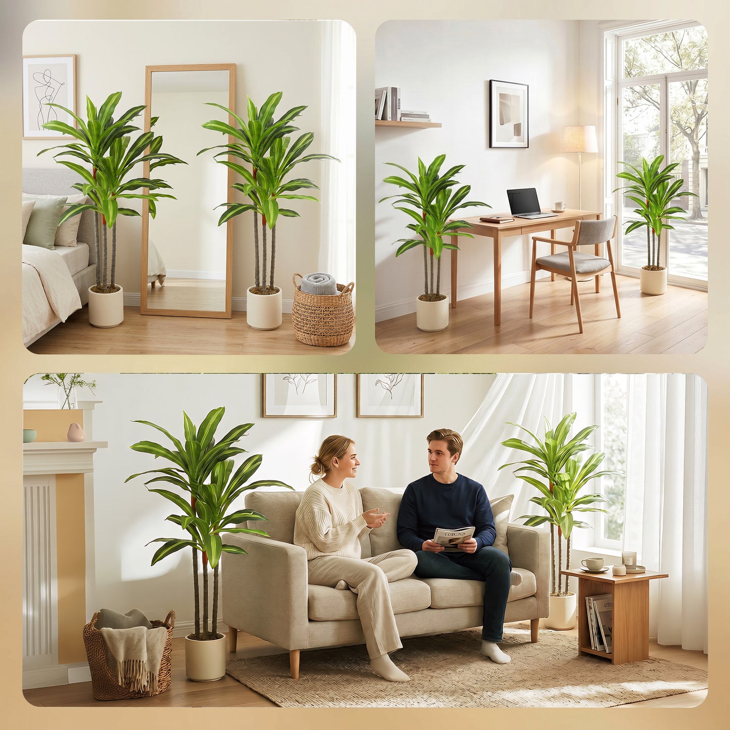Set of 2 90cm Artificial Dracaena Trees, Decorative Artificial Plants with Bendable Trunks and White Planters for Living Room Bedroom Home Office Decor, Green