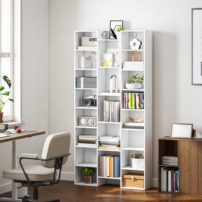 Tall Bookshelf with 21 Compartments and 10 Adjustable Shelves, White