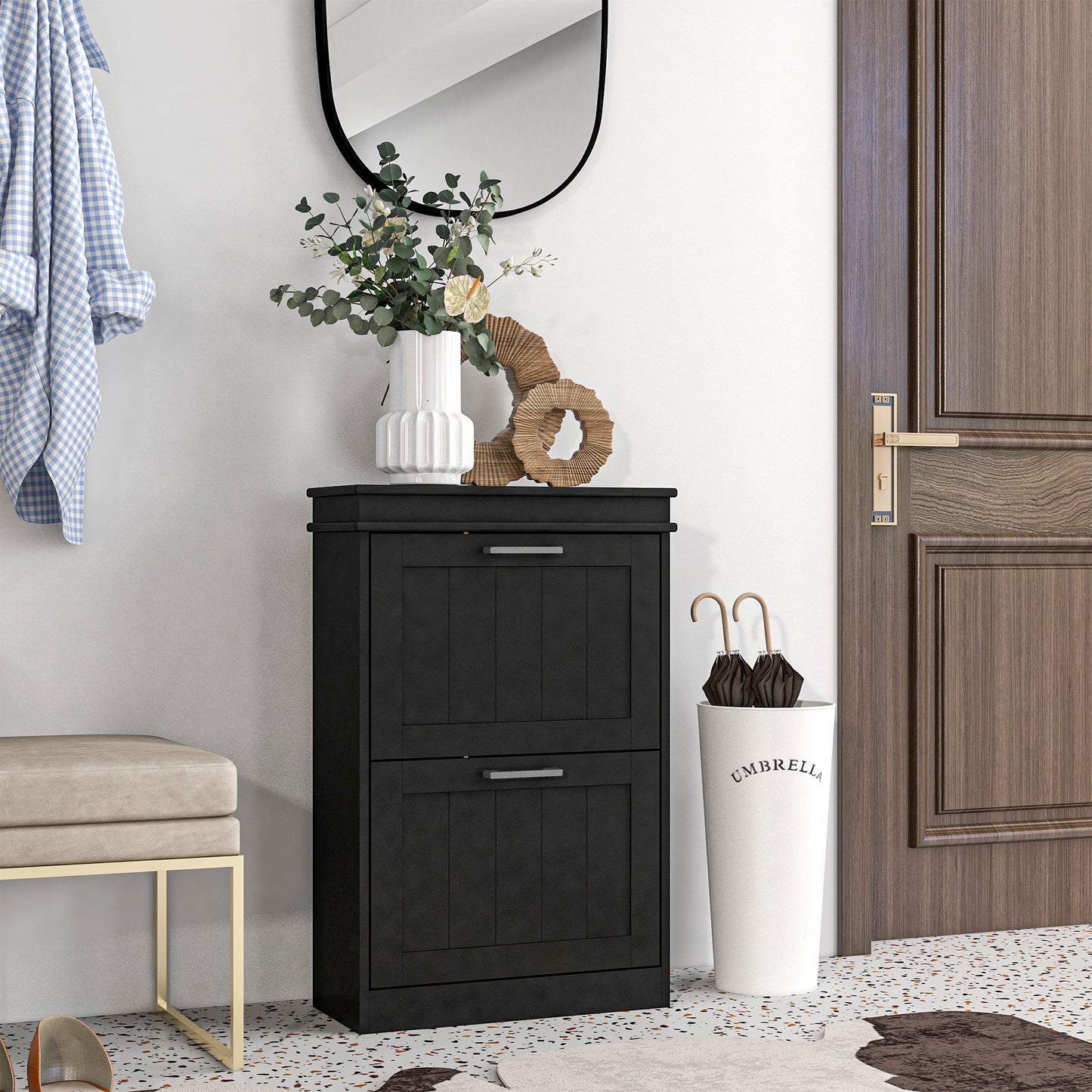 Slim Shoe Storage Cabinet with 2 Flip Drawers for Entryway, Black