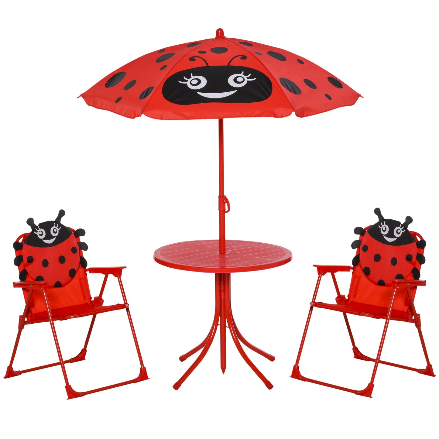 Kids Folding Picnic Table Chair Set Ladybug Pattern Outdoor w/ Parasol
