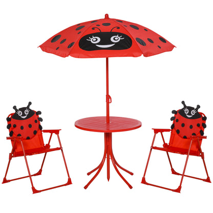 Kids Folding Picnic Table Chair Set Ladybug Pattern Outdoor w/ Parasol