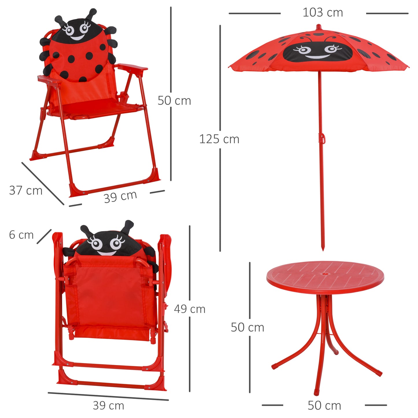 Kids Folding Picnic Table Chair Set Ladybug Pattern Outdoor w/ Parasol