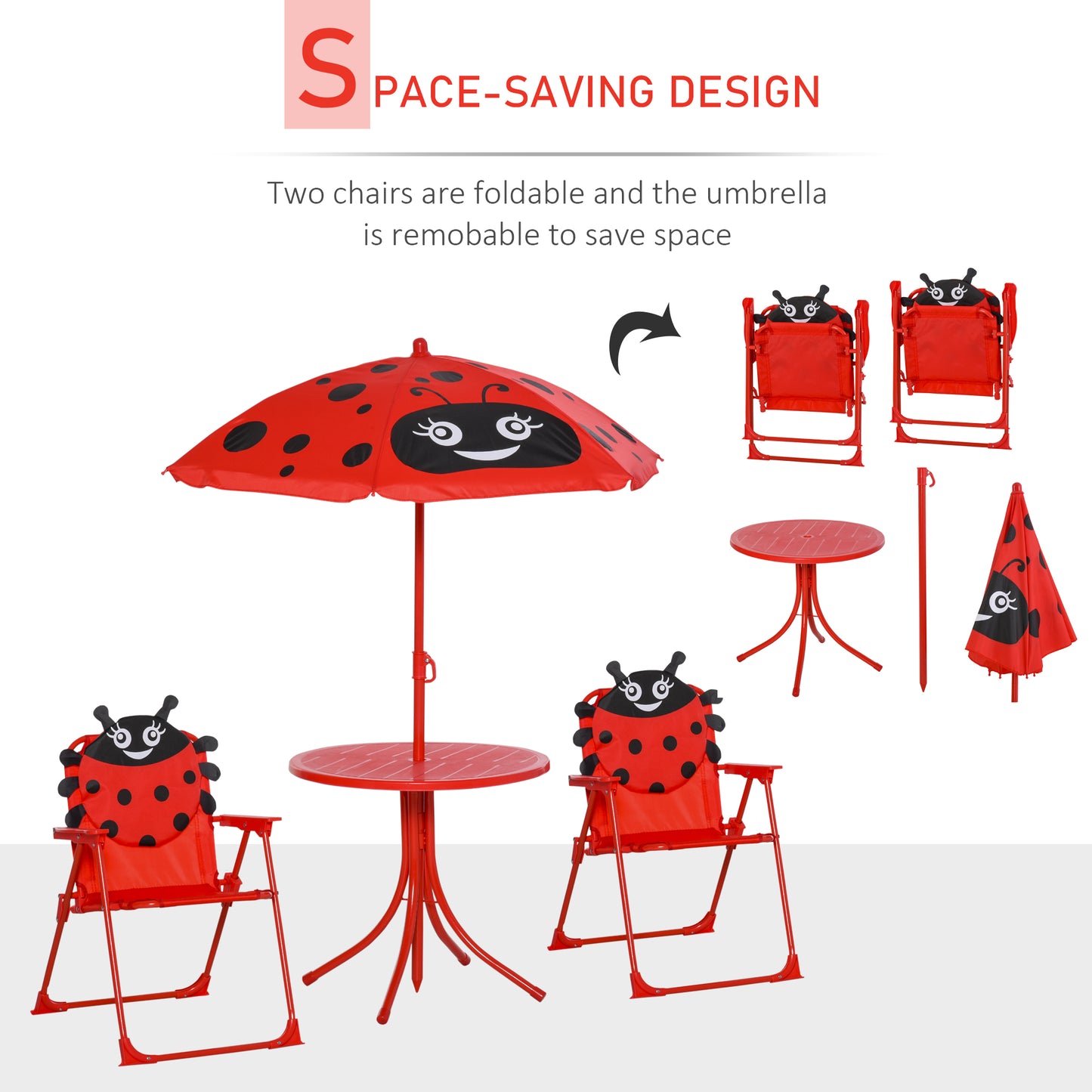 Kids Folding Picnic Table Chair Set Ladybug Pattern Outdoor w/ Parasol