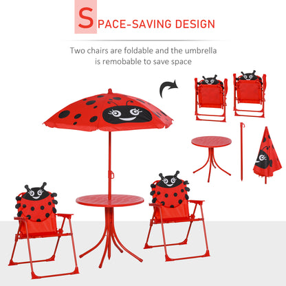 Kids Folding Picnic Table Chair Set Ladybug Pattern Outdoor w/ Parasol