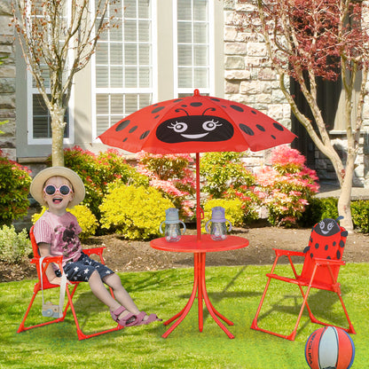 Kids Folding Picnic Table Chair Set Ladybug Pattern Outdoor w/ Parasol