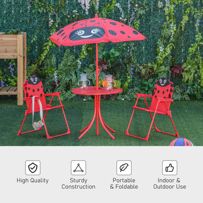Kids Folding Picnic Table Chair Set Ladybug Pattern Outdoor w/ Parasol