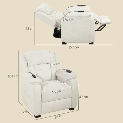 Power Recliner Armchair with Massage and Heat, Velvet-Feel Fabric Quiet Electric Reclining Chair with Wide Spring Seat, Memory Function, High Back, Headrest, USB Port, Side Pockets, Cream White