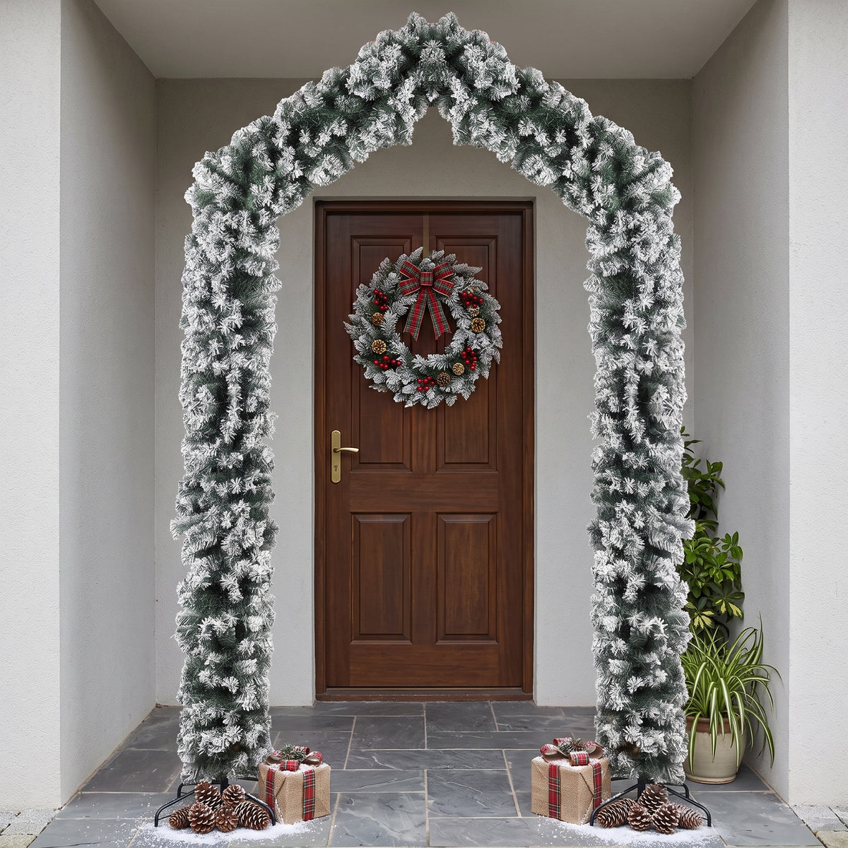 9ft Flocked Snow Christmas Tree Arch with 1400 Branch Tips, Green