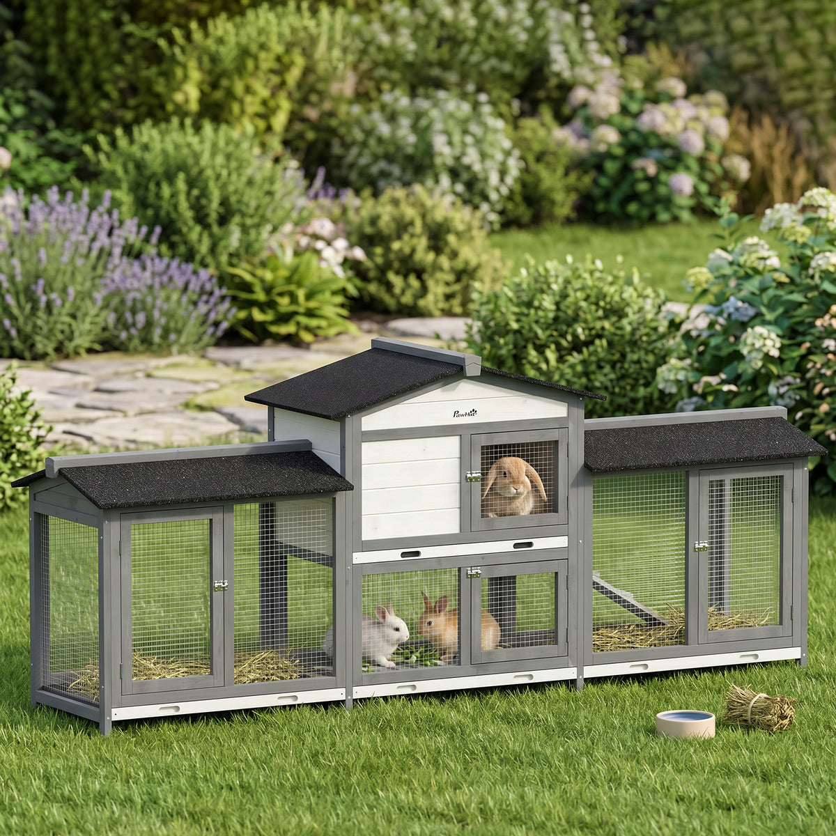 Rabbit Hutch, Guinea Pig Hutch, 2-Tier Bunny House w/ Run, Grey