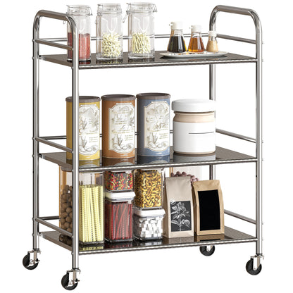 3 Tier Kitchen Trolley on Wheels Serving Cart with Handles Silver