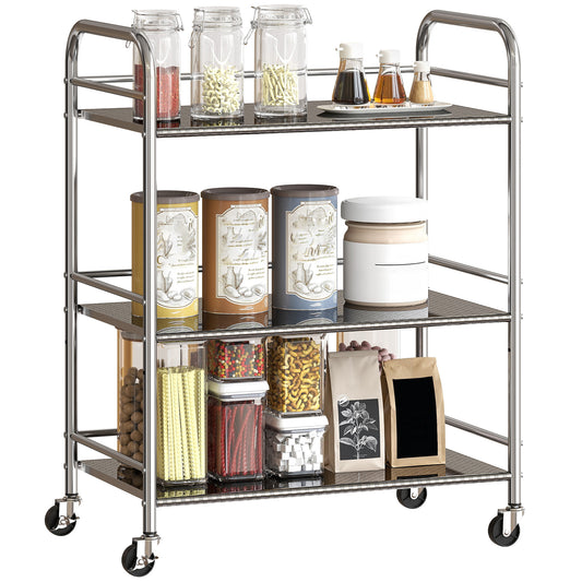 3 Tier Kitchen Trolley on Wheels Serving Cart with Handles Silver