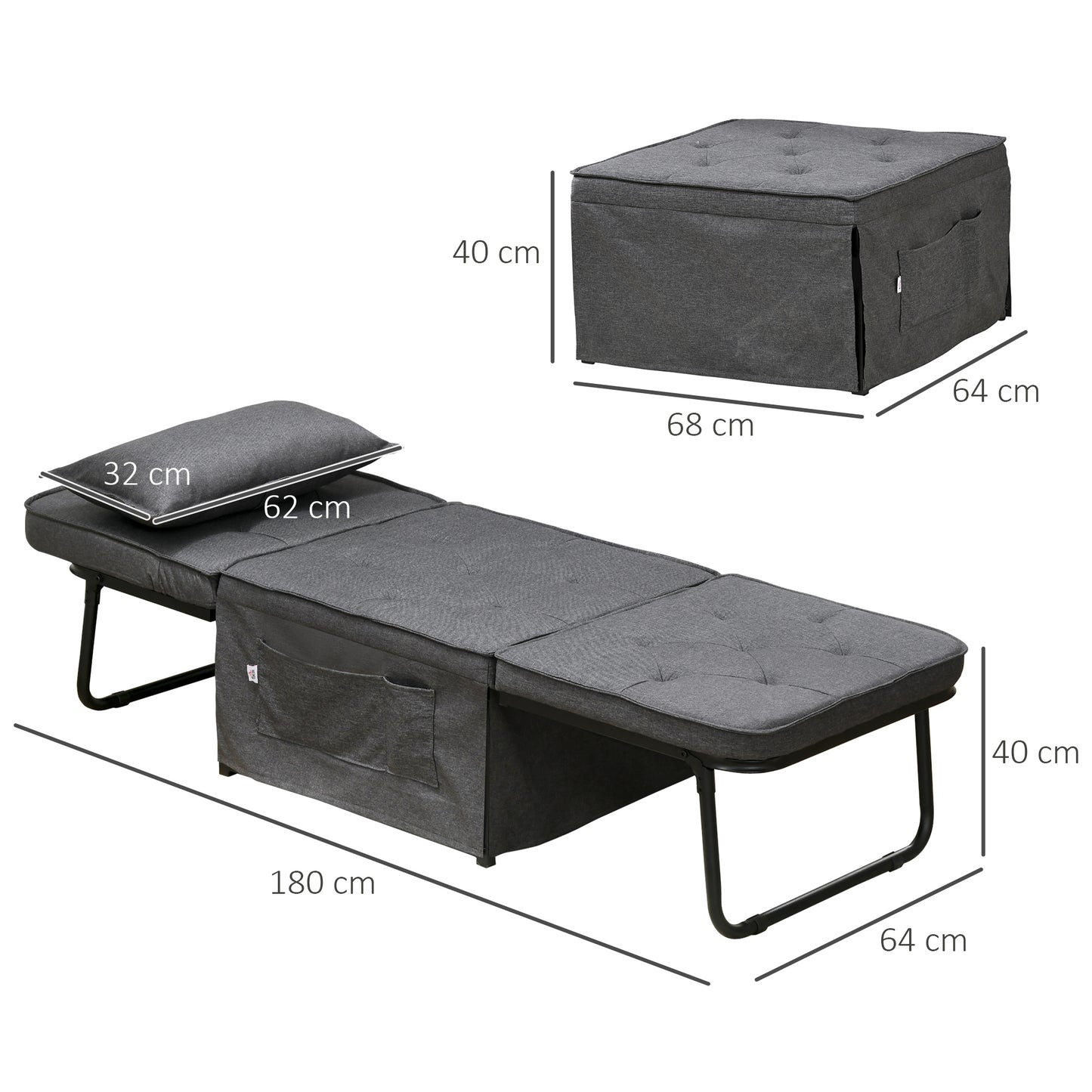 Fabric Sleeper Chair, Folding Chair Bed with Adjustable Backrest, Pillow, Side Pockets for Living Room, Charcoal Grey