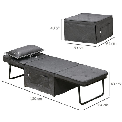 Fabric Sleeper Chair, Folding Chair Bed with Adjustable Backrest, Pillow, Side Pockets for Living Room, Charcoal Grey