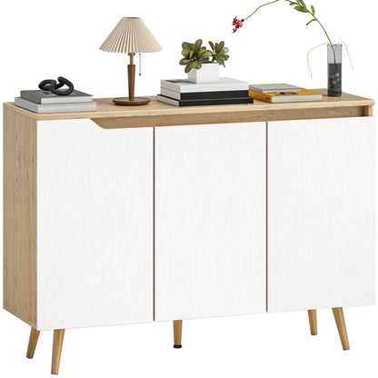 Sideboard Storage Cabinet with 5 Rubberwood Legs, White and Oak