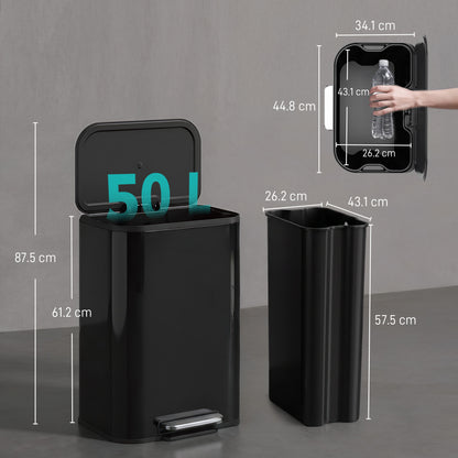 50L Kitchen Bin, Metal Rectangular Pedal Trash Bin, High Gloss Black