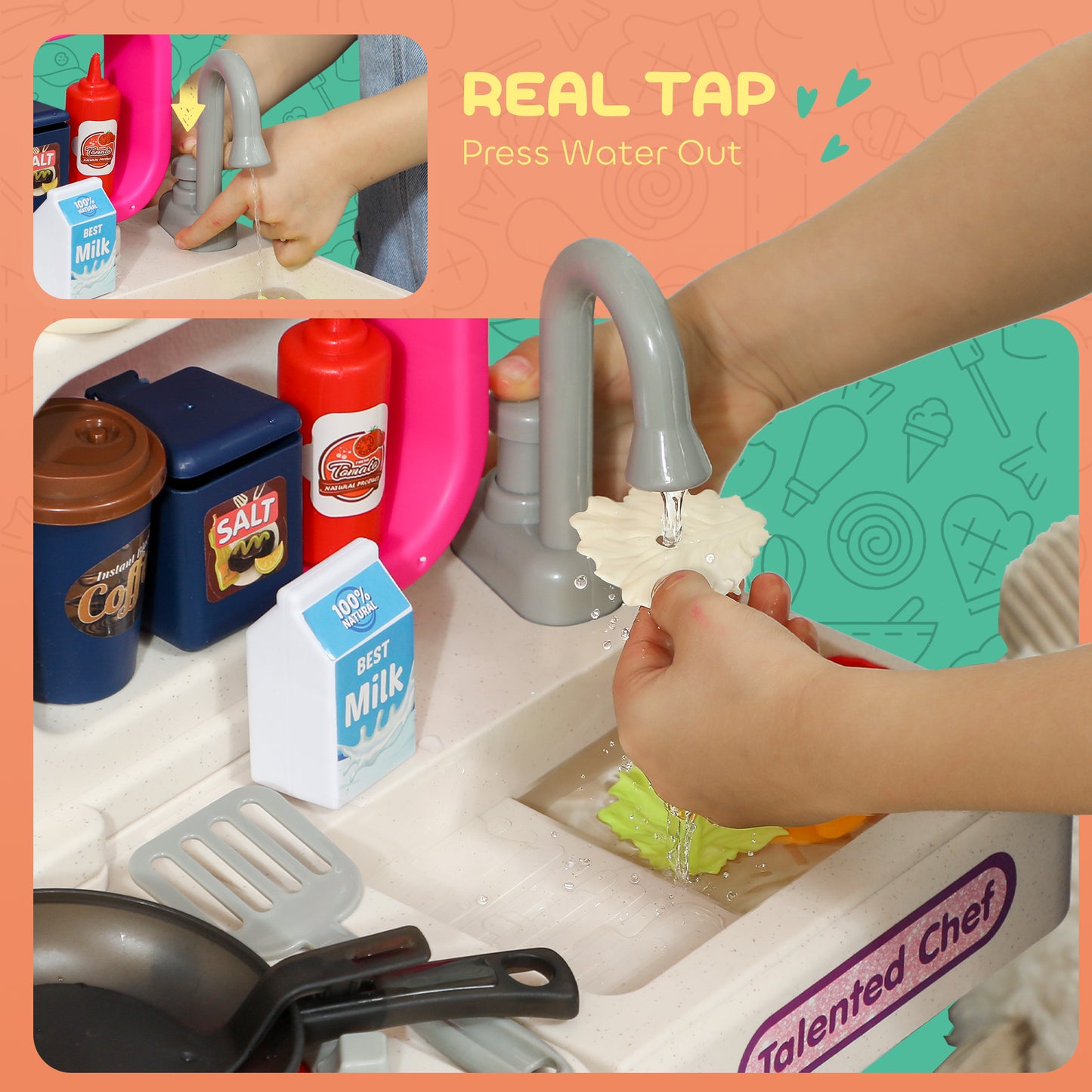 Play Kitchen Set with Realistic Lights & Sounds, Kids Pretend Role Play Set with Toy Food, Pots, Utensils, 104PCS Toy Kitchen Accessories for Boys and Girls, Pink