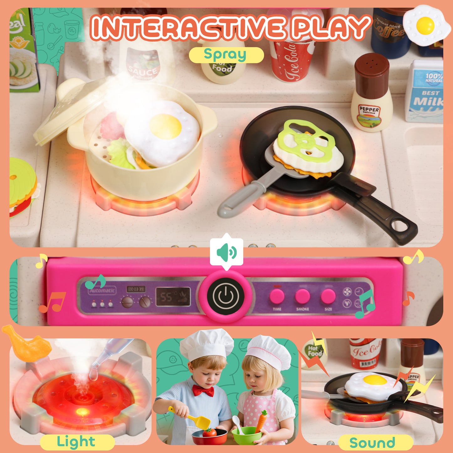 Play Kitchen Set with Realistic Lights & Sounds, Kids Pretend Role Play Set with Toy Food, Pots, Utensils, 104PCS Toy Kitchen Accessories for Boys and Girls, Pink