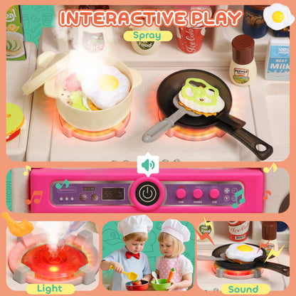 Play Kitchen Set with Realistic Lights & Sounds, Kids Pretend Role Play Set with Toy Food, Pots, Utensils, 104PCS Toy Kitchen Accessories for Boys and Girls, Pink