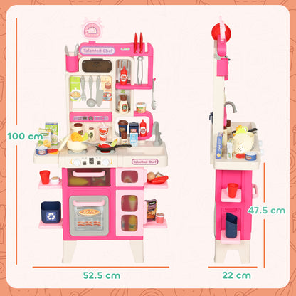 Play Kitchen Set with Realistic Lights & Sounds, Kids Pretend Role Play Set with Toy Food, Pots, Utensils, 104PCS Toy Kitchen Accessories for Boys and Girls, Pink