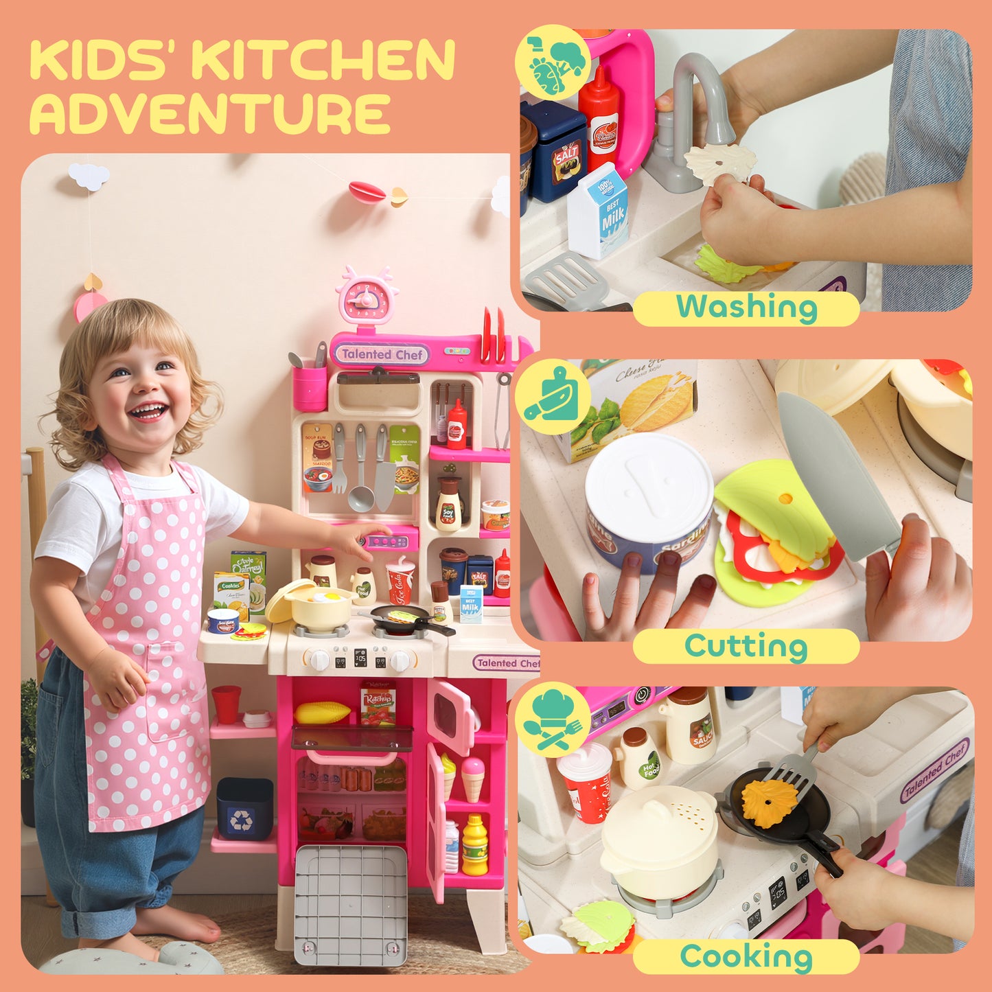 Play Kitchen Set with Realistic Lights & Sounds, Kids Pretend Role Play Set with Toy Food, Pots, Utensils, 104PCS Toy Kitchen Accessories for Boys and Girls, Pink