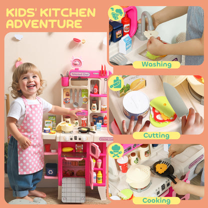 Play Kitchen Set with Realistic Lights & Sounds, Kids Pretend Role Play Set with Toy Food, Pots, Utensils, 104PCS Toy Kitchen Accessories for Boys and Girls, Pink