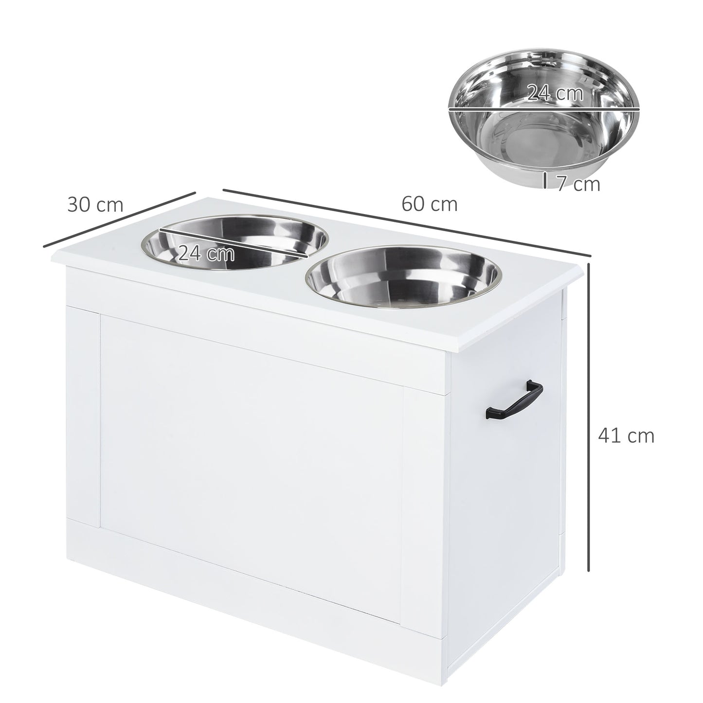 Raised Dog Bowls Pet Feeding Storage Station with 2 Stainless Steel Bowls Base for Large Dogs and Other Large Pets, White